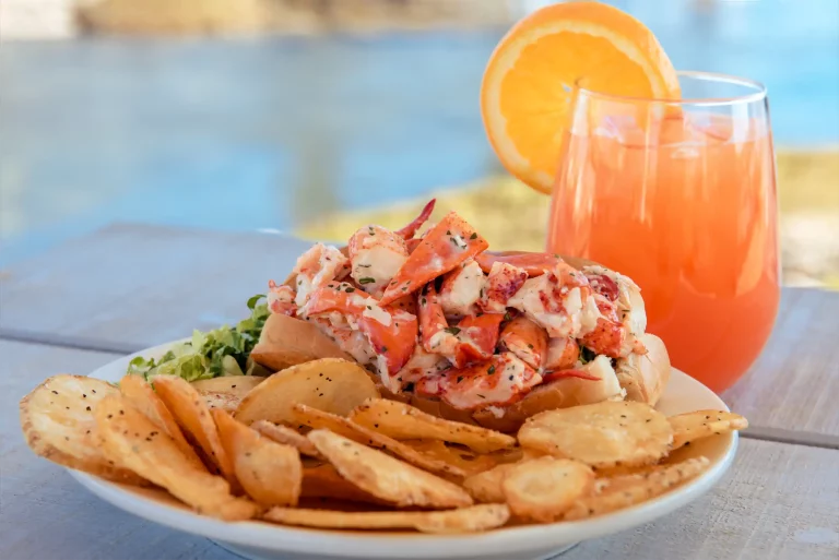 Bouy Shack lobster roll atop a toasted bun with housemade chips.