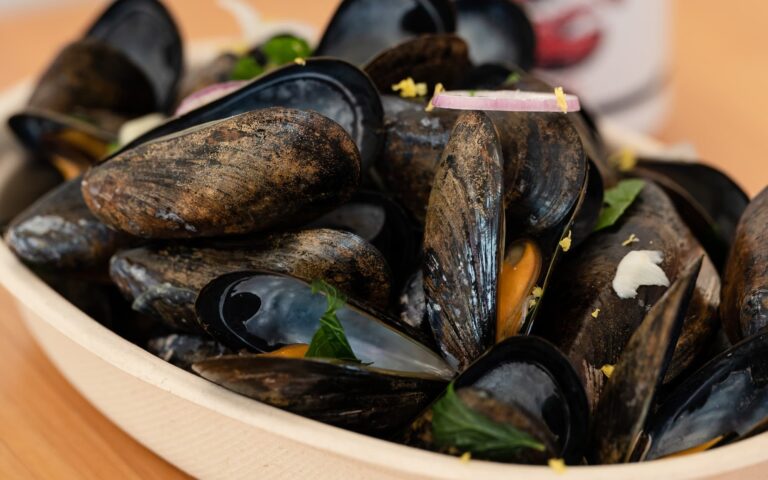 A healthy portion of Buoy Shack mussels are shown in a beer broth.