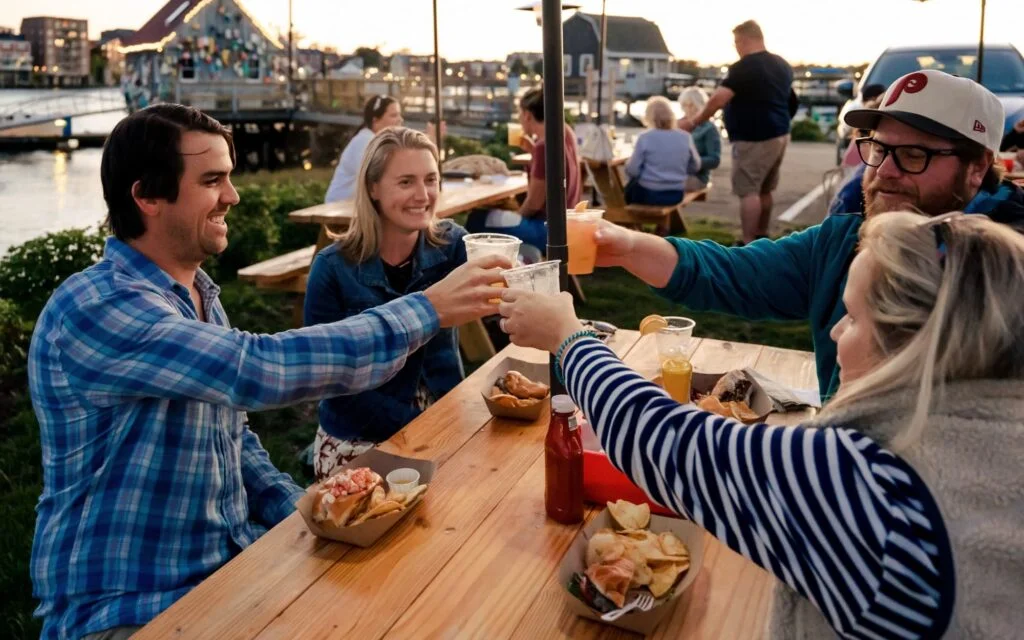 Four Patrons Are Smiling While Seated Outside With Food In Front Of An Ocean View At The Buoy Shack. They Are Offering Cheers With Their Beverages.